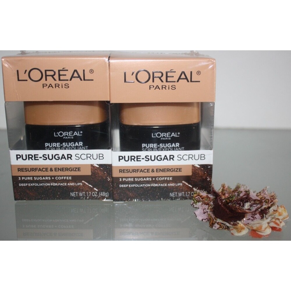Loreal Pure Sugar Scrub Resurface Energize 3 Sugars & Caffeine Lot 2 NIP Sealed